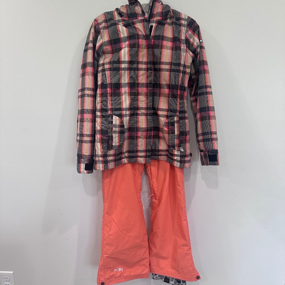 Roxy Peach Plaid Ski Snowboard Jacket and Matching Pants Outfit - Size XS